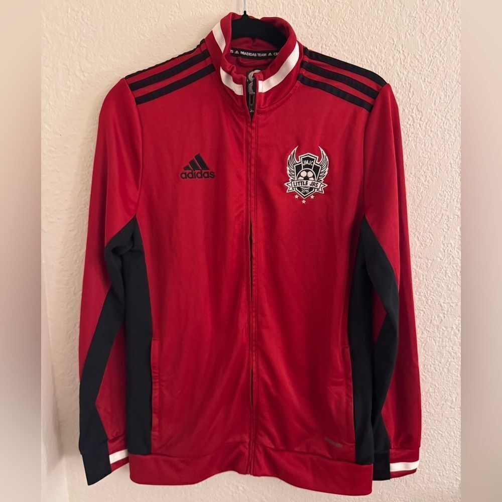 Adidas Red and Black Bomber Jacket with Varsity Style